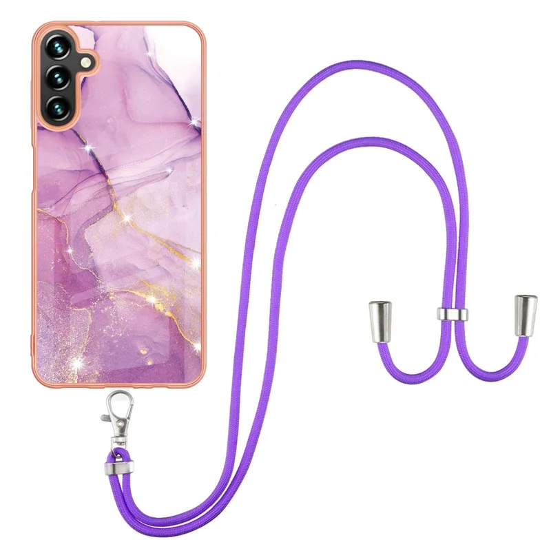 For Samsung Galaxy A13 5G / A04s 4G (164.7mm) Case with Shoulder Strap IMD IML Flower Pattern TPU Back Cover - Purple 001