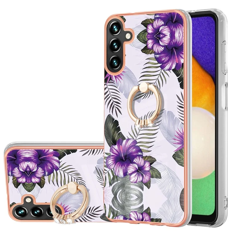 Étui de téléphone IMD avec motif marbré pour Samsung Galaxy A13 5G / A04s 4G (164,7 mm), anneau support pivotant, coque TPU - Fleurs violettes