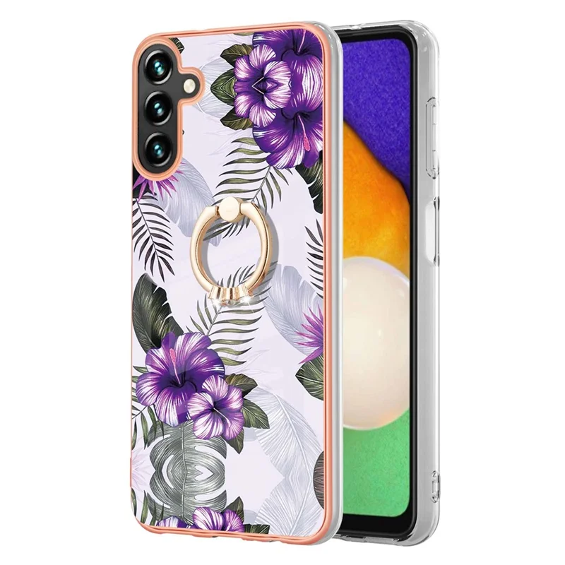 Étui de téléphone IMD avec motif marbré pour Samsung Galaxy A13 5G / A04s 4G (164,7 mm), anneau support pivotant, coque TPU - Fleurs violettes