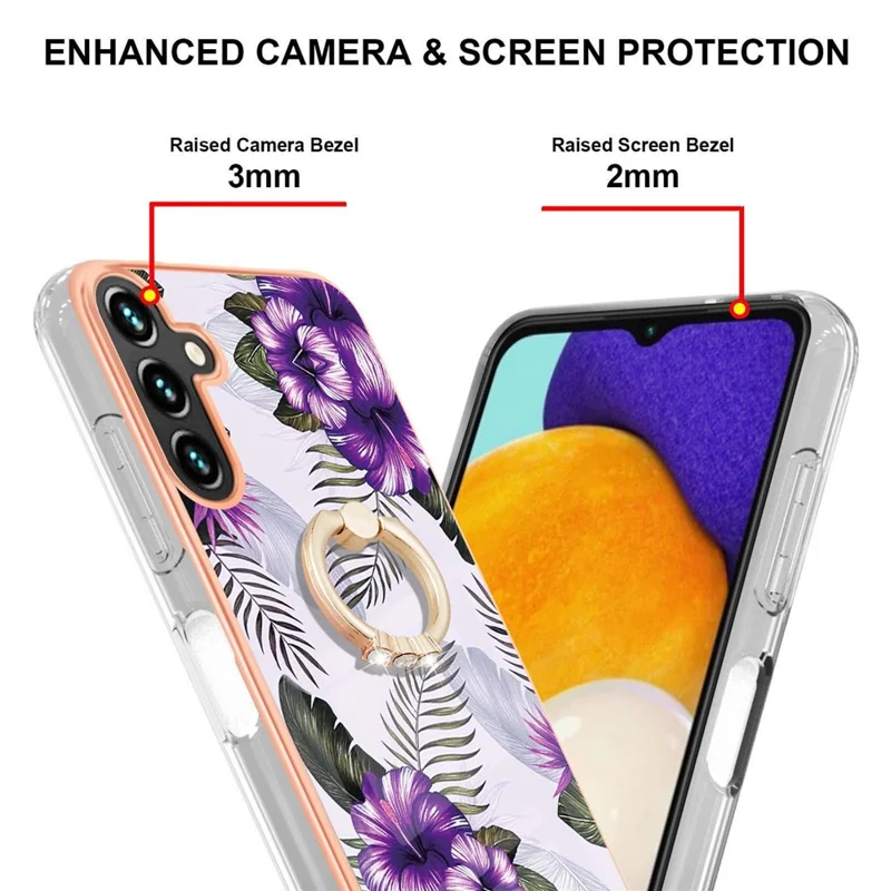 Étui de téléphone IMD avec motif marbré pour Samsung Galaxy A13 5G / A04s 4G (164,7 mm), anneau support pivotant, coque TPU - Fleurs violettes