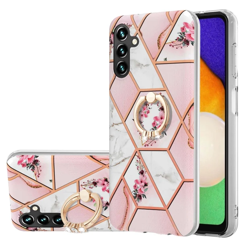 Custodia per telefono con anello kickstand in materiale TPU con motivo marmorizzato IMD per Samsung Galaxy A13 5G / A04s 4G (164,7 mm), colore fiori rosa