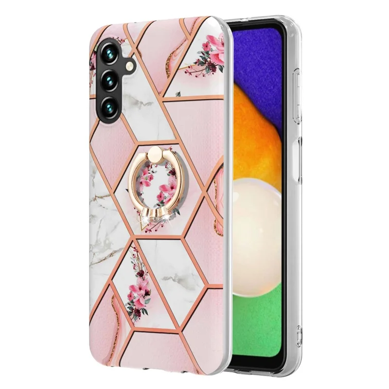 Custodia per telefono con anello kickstand in materiale TPU con motivo marmorizzato IMD per Samsung Galaxy A13 5G / A04s 4G (164,7 mm), colore fiori rosa