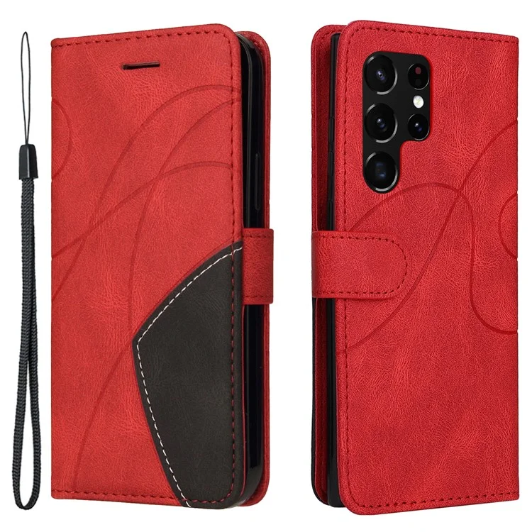 KT Leather Series-1 Custodia per telefono ben protetta Doppio colore Splicing Cinghia pratica Custodia in pelle PU con supporto per Samsung Galaxy S22 Ultra 5G - Rosso