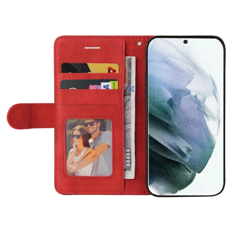KT Leather Series-1 Custodia per telefono ben protetta Doppio colore Splicing Cinghia pratica Custodia in pelle PU con supporto per Samsung Galaxy S22 Ultra 5G - Rosso