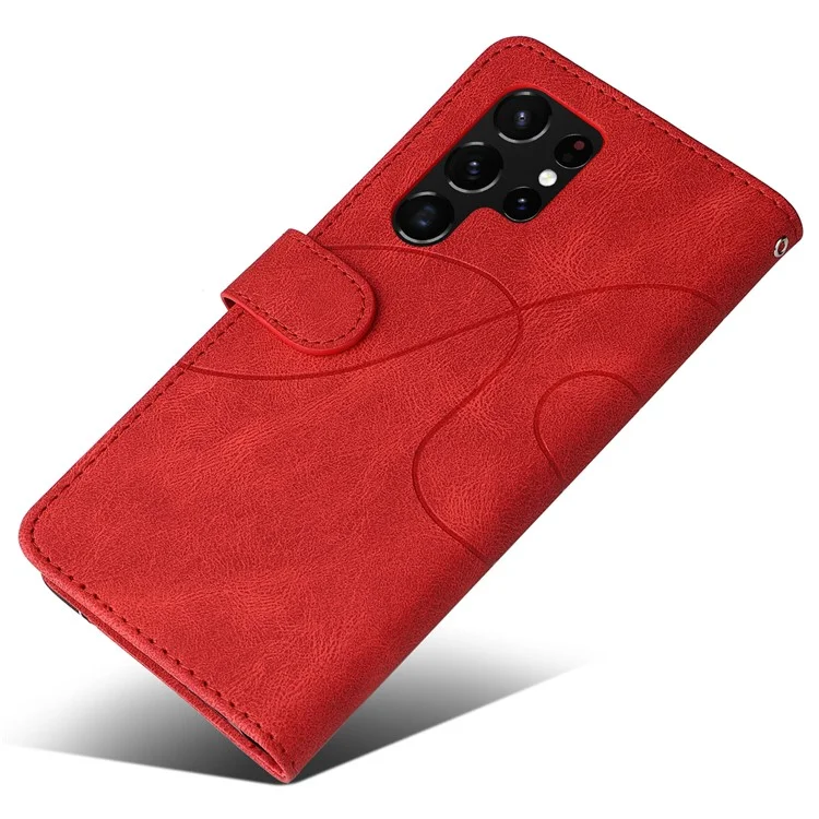 KT Leather Series-1 Custodia per telefono ben protetta Doppio colore Splicing Cinghia pratica Custodia in pelle PU con supporto per Samsung Galaxy S22 Ultra 5G - Rosso