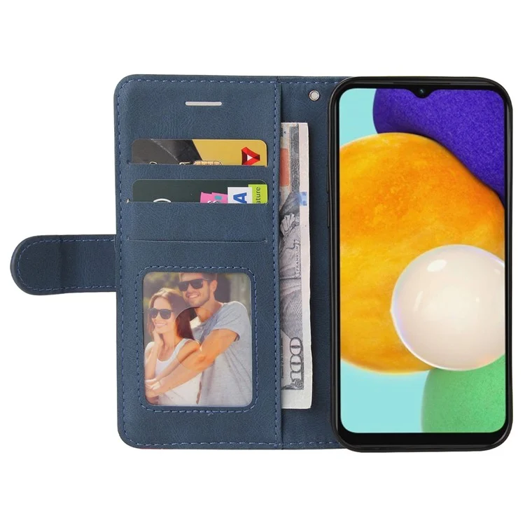 KT Leather Series-1 Dual-color Splicing PU Leather + TPU Stand Wallet Phone Case with Hand Strap for Samsung Galaxy A13 5G / A04s 4G (164.7 x 76.7 x 9.1 mm) - Azul