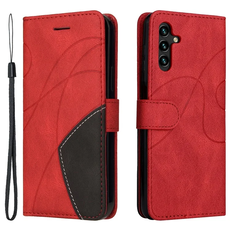 KT Leather Series-1 Dual-color Splicing PU Leather + TPU Stand Wallet Phone Case with Hand Strap for Samsung Galaxy A13 5G / A04s 4G (164.7 x 76.7 x 9.1 mm) - Rojo