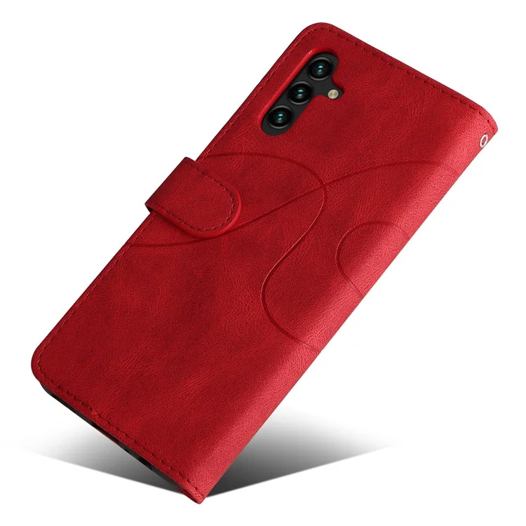 KT Leather Series-1 Dual-color Splicing PU Leather + TPU Stand Wallet Phone Case with Hand Strap for Samsung Galaxy A13 5G / A04s 4G (164.7 x 76.7 x 9.1 mm) - Rojo