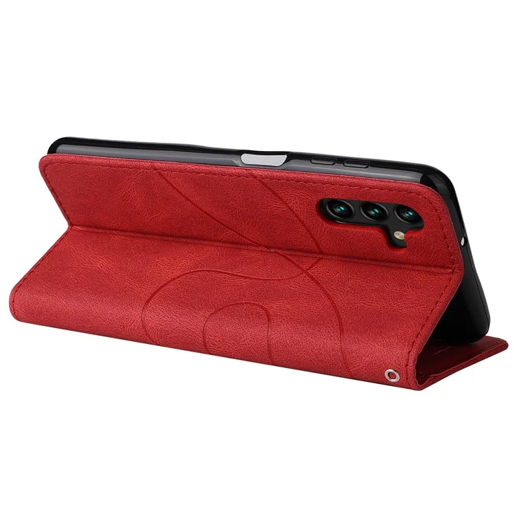 KT Leather Series-1 Dual-color Splicing PU Leather + TPU Stand Wallet Phone Case with Hand Strap for Samsung Galaxy A13 5G / A04s 4G (164.7 x 76.7 x 9.1 mm) - Rojo