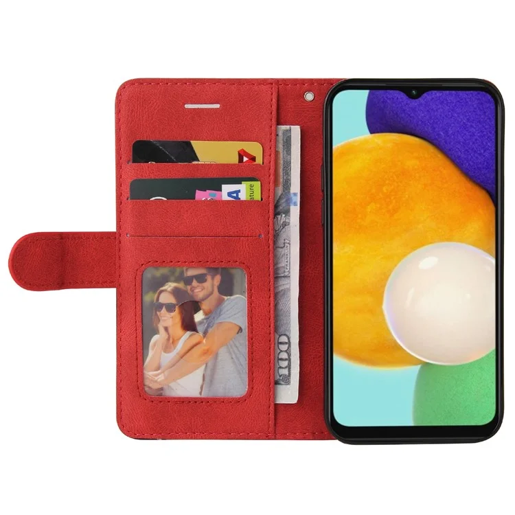 KT Leather Series-1 Dual-color Splicing PU Leather + TPU Stand Wallet Phone Case with Hand Strap for Samsung Galaxy A13 5G / A04s 4G (164.7 x 76.7 x 9.1 mm) - Rojo