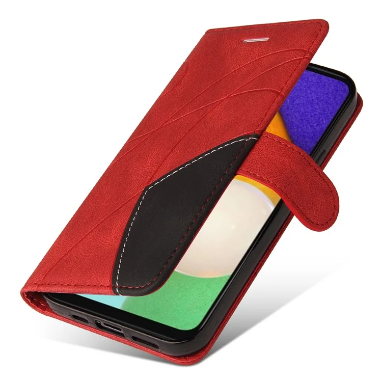KT Leather Series-1 Dual-color Splicing PU Leather + TPU Stand Wallet Phone Case with Hand Strap for Samsung Galaxy A13 5G / A04s 4G (164.7 x 76.7 x 9.1 mm) - Rojo