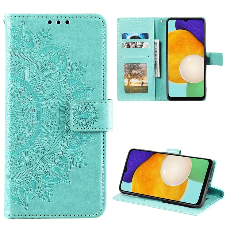 Étui folio en cuir PU à motif totem mandala avec fleur, fermeture magnétique, avec sangritère, pour Samsung Galaxy A13 5G / A04s 4G (164,7 x 76,7 x 9,1 mm) - Vert