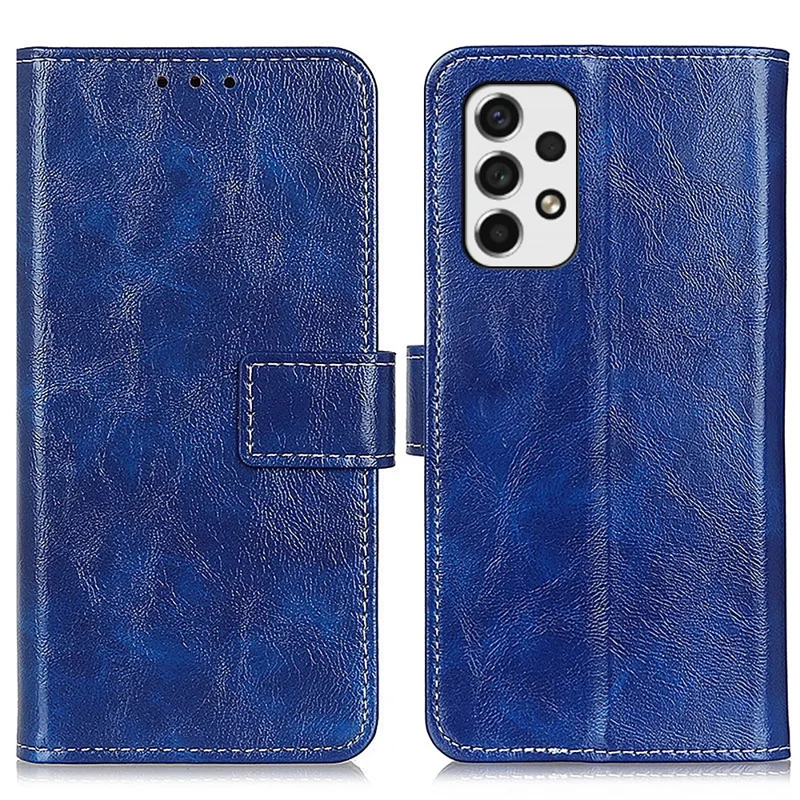 Flip Phone Cover Retro Style Crazy Horse Texture Foldable Stand Leather Phone Wallet Case for Samsung Galaxy A53 5G - Blue