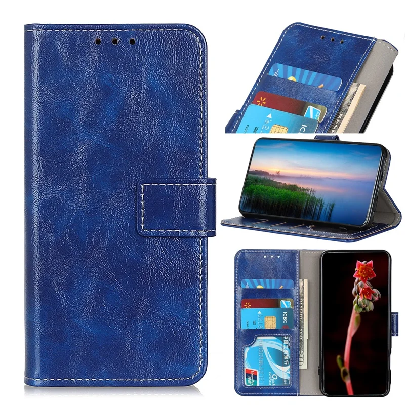 Flip Phone Cover Retro Style Crazy Horse Texture Foldable Stand Leather Phone Wallet Case for Samsung Galaxy A53 5G - Blue