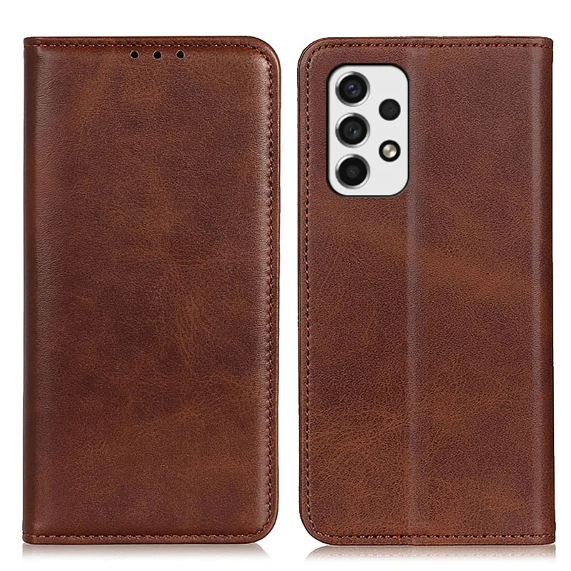 Split Leather Stand Wallet Case Auto Magnetic Closed Flip Folio Cover for Samsung Galaxy A53 5G - Coffee