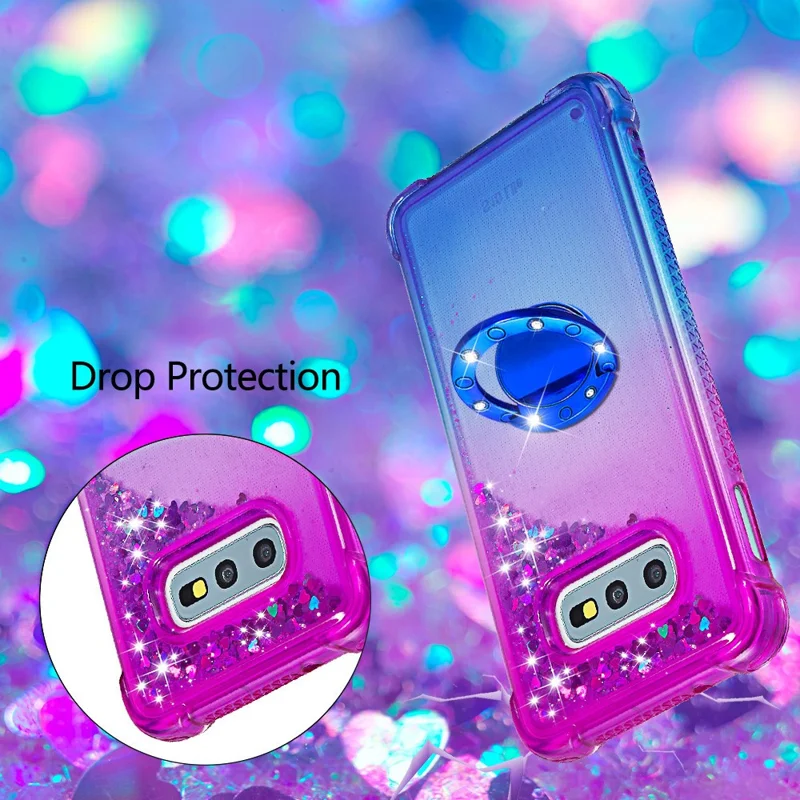TPU Phone Back Cover Gradient Quicksand Flowing Liquid Glitter Ring Kickstand Design Phone Case per Samsung Galaxy S10e - Porpora/Blu Cielo