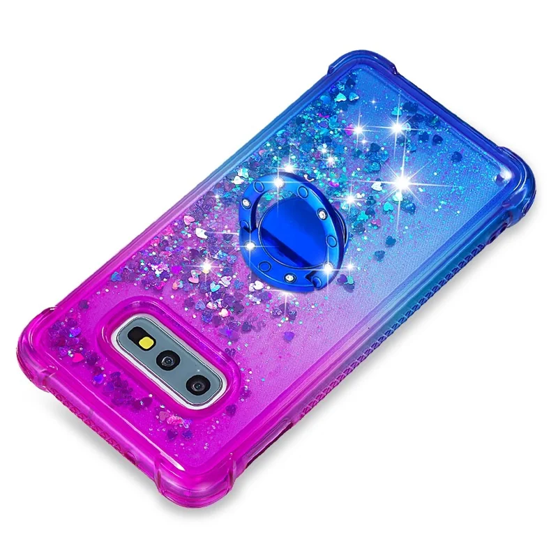TPU Phone Back Cover Gradient Quicksand Flowing Liquid Glitter Ring Kickstand Design Phone Case per Samsung Galaxy S10e - Porpora/Blu Cielo