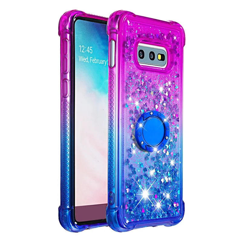 TPU Phone Back Cover Gradient Quicksand Flowing Liquid Glitter Ring Kickstand Design Phone Case per Samsung Galaxy S10e - Porpora/Blu Cielo