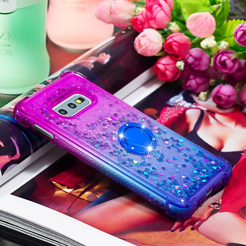 TPU Phone Back Cover Gradient Quicksand Flowing Liquid Glitter Ring Kickstand Design Phone Case per Samsung Galaxy S10e - Porpora/Blu Cielo