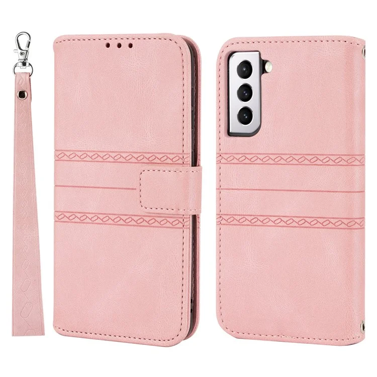 Skin-touch Feeling Surface PU Leather and TPU Imprinted Pattern Wallet Phone Case Cover with Stand for Samsung Galaxy S22 5G - Pink
