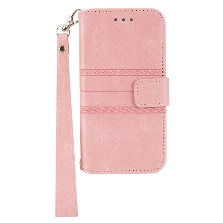 Skin-touch Feeling Surface PU Leather and TPU Imprinted Pattern Wallet Phone Case Cover with Stand for Samsung Galaxy S22 5G - Pink