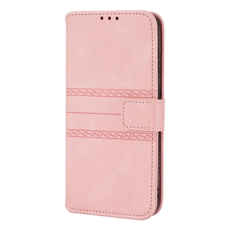 Skin-touch Feeling Surface PU Leather and TPU Imprinted Pattern Wallet Phone Case Cover with Stand for Samsung Galaxy S22 5G - Pink