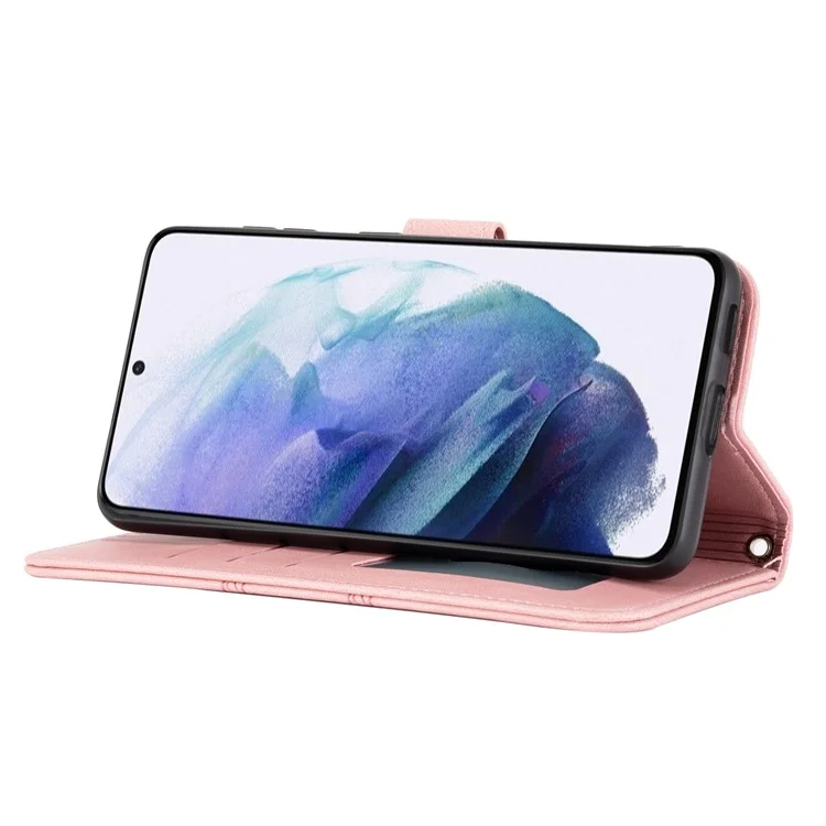 Skin-touch Feeling Surface PU Leather and TPU Imprinted Pattern Wallet Phone Case Cover with Stand for Samsung Galaxy S22 5G - Pink