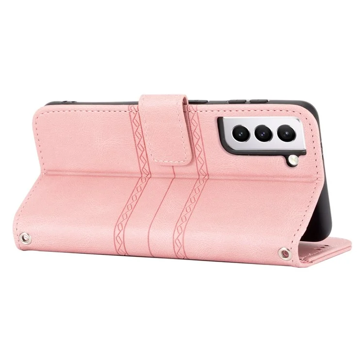 Skin-touch Feeling Surface PU Leather and TPU Imprinted Pattern Wallet Phone Case Cover with Stand for Samsung Galaxy S22 5G - Pink