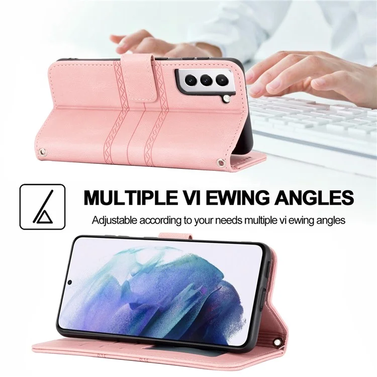 Skin-touch Feeling Surface PU Leather and TPU Imprinted Pattern Wallet Phone Case Cover with Stand for Samsung Galaxy S22 5G - Pink
