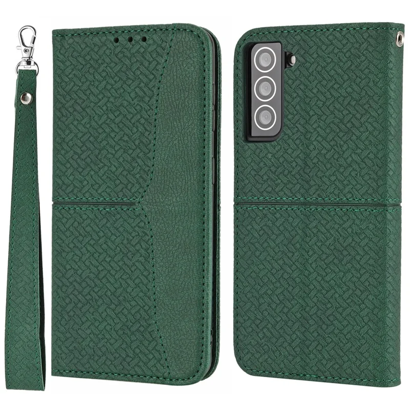 For Samsung Galaxy S22+ 5G Anti-scratch Shockproof Magnetic Flip Cover Woven Texture Wallet Wrist Strap Leather Case with Stand - Green