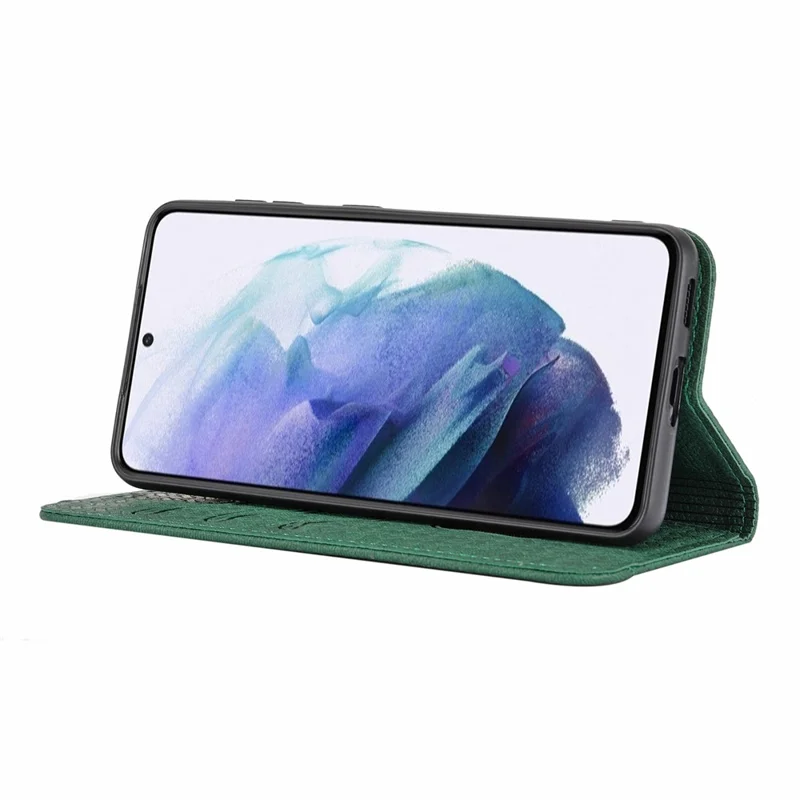 For Samsung Galaxy S22+ 5G Anti-scratch Shockproof Magnetic Flip Cover Woven Texture Wallet Wrist Strap Leather Case with Stand - Green