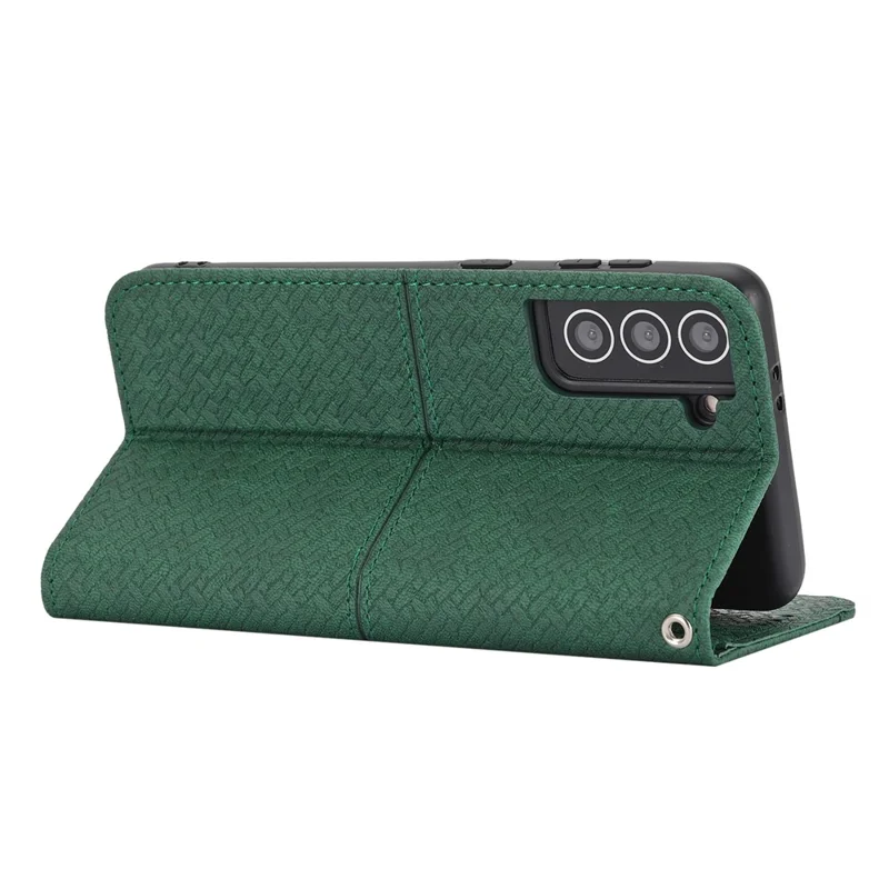 For Samsung Galaxy S22+ 5G Anti-scratch Shockproof Magnetic Flip Cover Woven Texture Wallet Wrist Strap Leather Case with Stand - Green