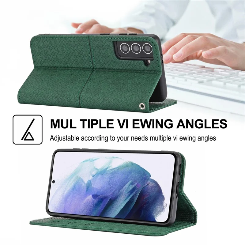 For Samsung Galaxy S22+ 5G Anti-scratch Shockproof Magnetic Flip Cover Woven Texture Wallet Wrist Strap Leather Case with Stand - Green