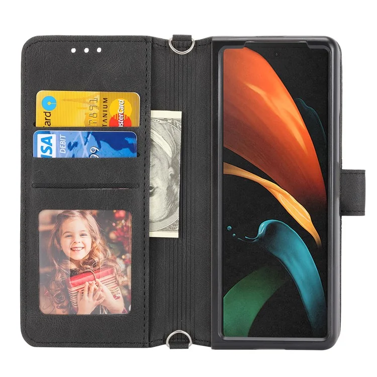 For Samsung Galaxy Z Fold2 5G Practical Wallet Card Slots Phone Flip Case Imprinted Pattern Anti-Scratch Stylish PU Leather+TPU Phone Cover with Stand - Black