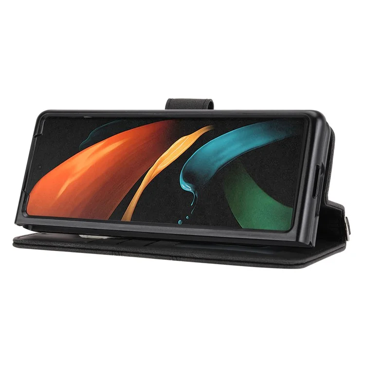 For Samsung Galaxy Z Fold2 5G Practical Wallet Card Slots Phone Flip Case Imprinted Pattern Anti-Scratch Stylish PU Leather+TPU Phone Cover with Stand - Black