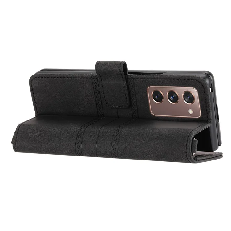 For Samsung Galaxy Z Fold2 5G Practical Wallet Card Slots Phone Flip Case Imprinted Pattern Anti-Scratch Stylish PU Leather+TPU Phone Cover with Stand - Black