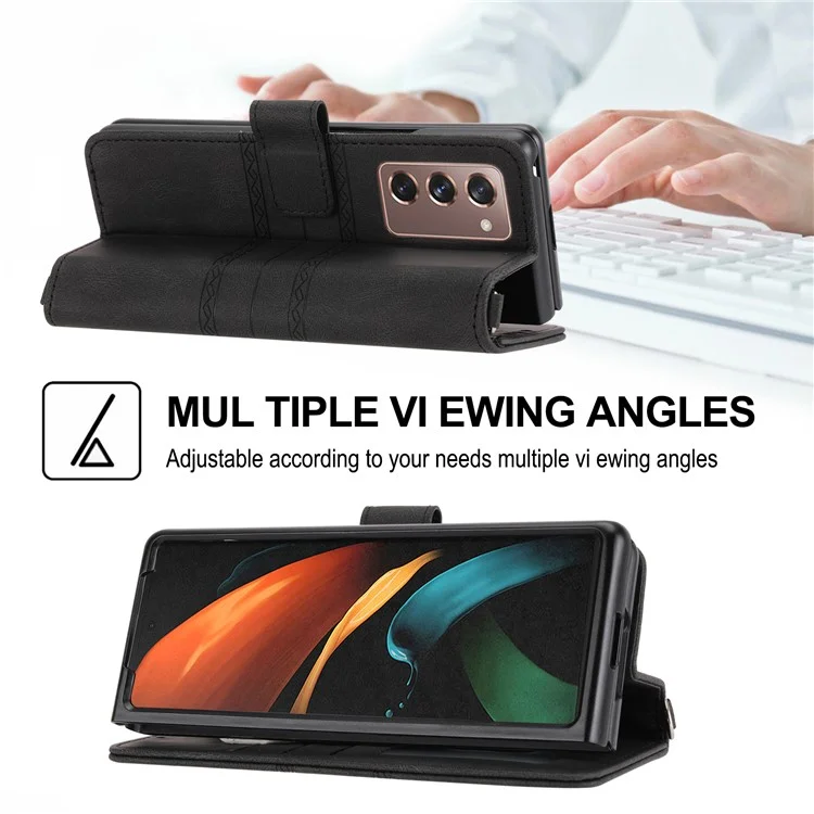 For Samsung Galaxy Z Fold2 5G Practical Wallet Card Slots Phone Flip Case Imprinted Pattern Anti-Scratch Stylish PU Leather+TPU Phone Cover with Stand - Black