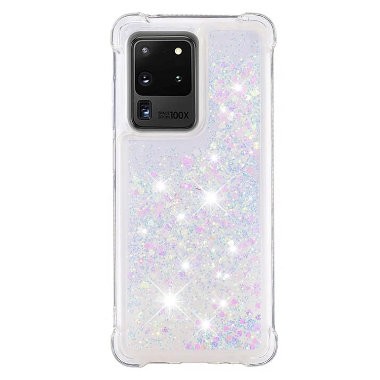 Funda de teléfono móvil de TPU suave con brillo fluyente antigoteo para Samsung Galaxy S20 Ultra - Corazones brillantes