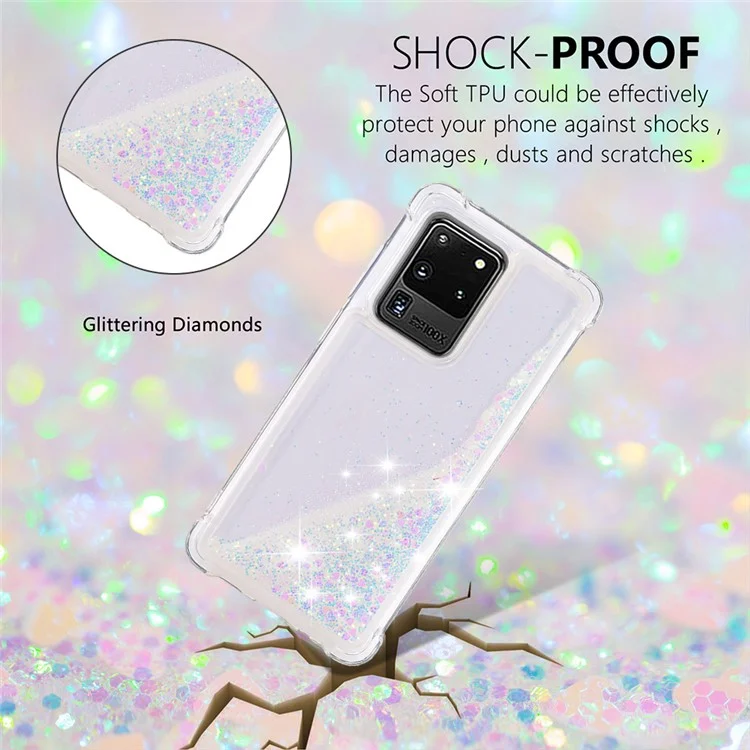 Funda de teléfono móvil de TPU suave con brillo fluyente antigoteo para Samsung Galaxy S20 Ultra - Corazones brillantes