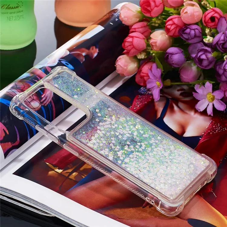 Funda de teléfono móvil de TPU suave con brillo fluyente antigoteo para Samsung Galaxy S20 Ultra - Corazones brillantes