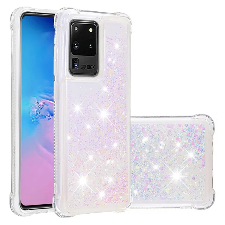 Funda de teléfono móvil de TPU suave con brillo fluyente antigoteo para Samsung Galaxy S20 Ultra - Corazones brillantes