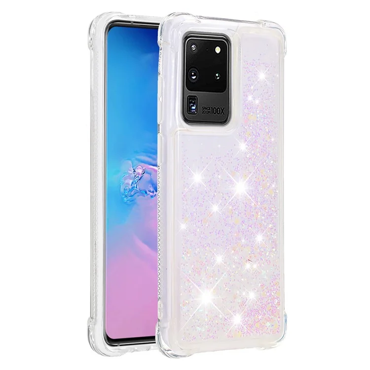 Funda de teléfono móvil de TPU suave con brillo fluyente antigoteo para Samsung Galaxy S20 Ultra - Corazones brillantes