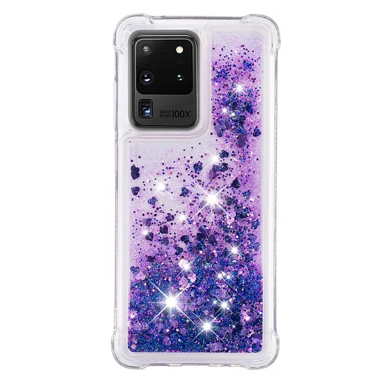Quicksand Flowing Glitter Anti-drop Soft TPU Phone Case Protector per Samsung Galaxy S20 Ultra - Cuori Viola Scuro