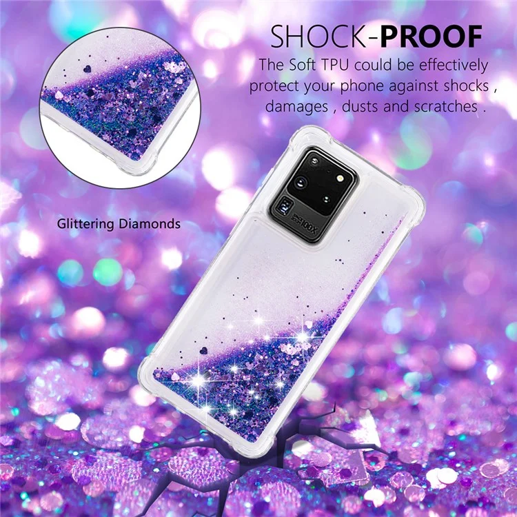 Quicksand Flowing Glitter Anti-drop Soft TPU Phone Case Protector per Samsung Galaxy S20 Ultra - Cuori Viola Scuro