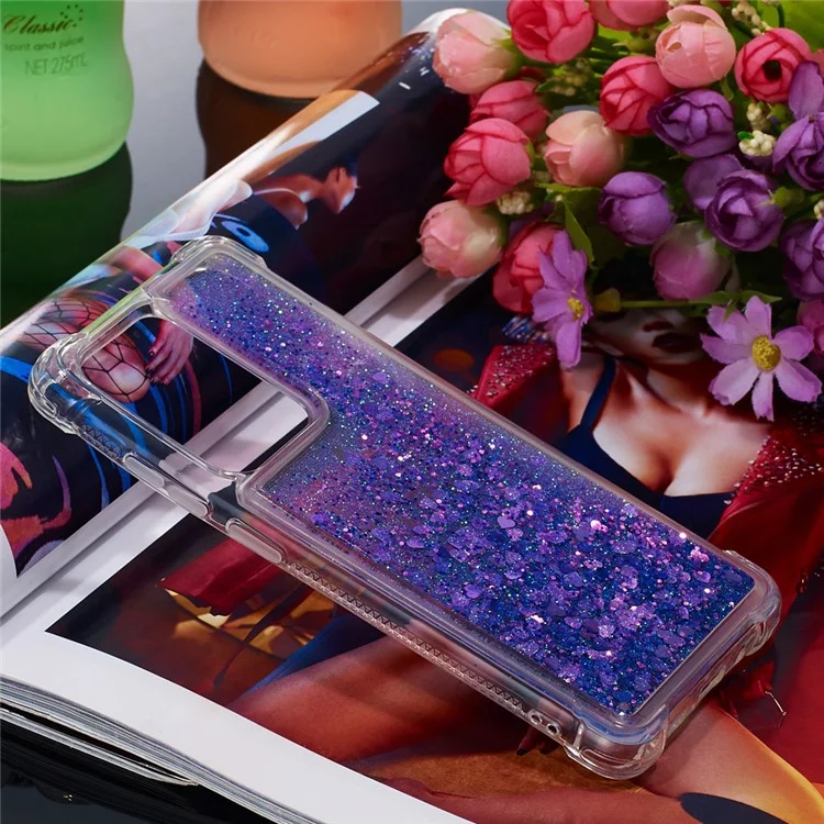 Quicksand Flowing Glitter Anti-drop Soft TPU Phone Case Protector per Samsung Galaxy S20 Ultra - Cuori Viola Scuro