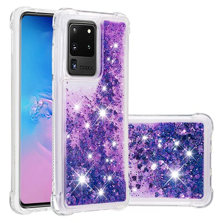 Quicksand Flowing Glitter Anti-drop Soft TPU Phone Case Protector per Samsung Galaxy S20 Ultra - Cuori Viola Scuro