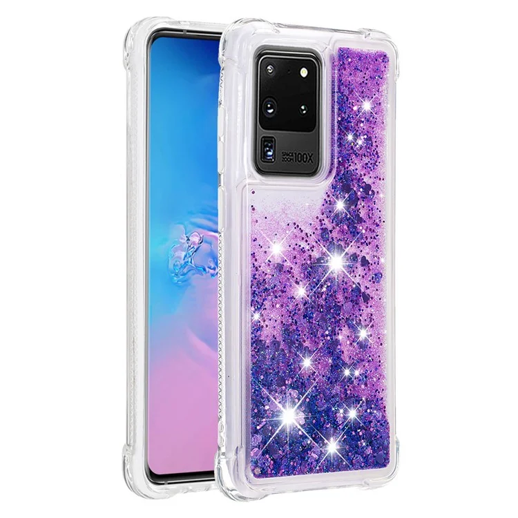 Quicksand Flowing Glitter Anti-drop Soft TPU Phone Case Protector per Samsung Galaxy S20 Ultra - Cuori Viola Scuro