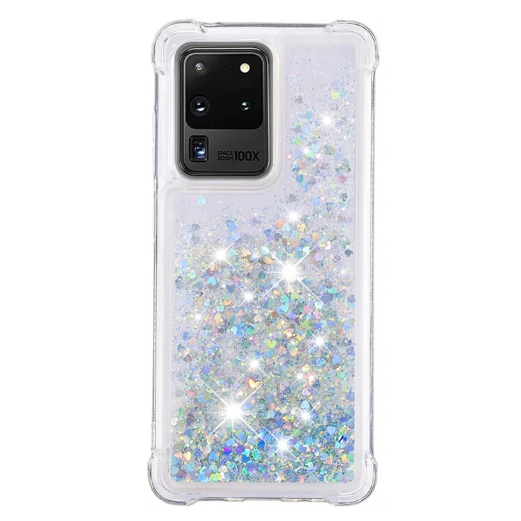 Protetor de Capa de Telefone Com TPU Macio de TPU de Giro Fluindo de Arco-areia Para Samsung Galaxy S20 Ultra - Corações de Prata
