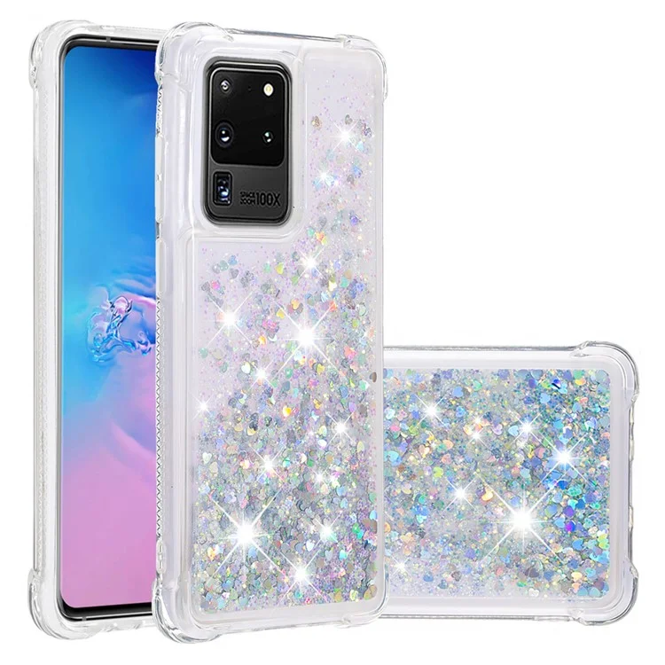 Protetor de Capa de Telefone Com TPU Macio de TPU de Giro Fluindo de Arco-areia Para Samsung Galaxy S20 Ultra - Corações de Prata