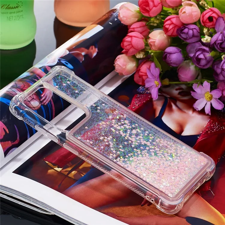 Capa de Proteção de TPU Suave Antilatejante com Brilho Fluido de Areia Rápida para Samsung Galaxy S20 Ultra - Pentágono Rosa